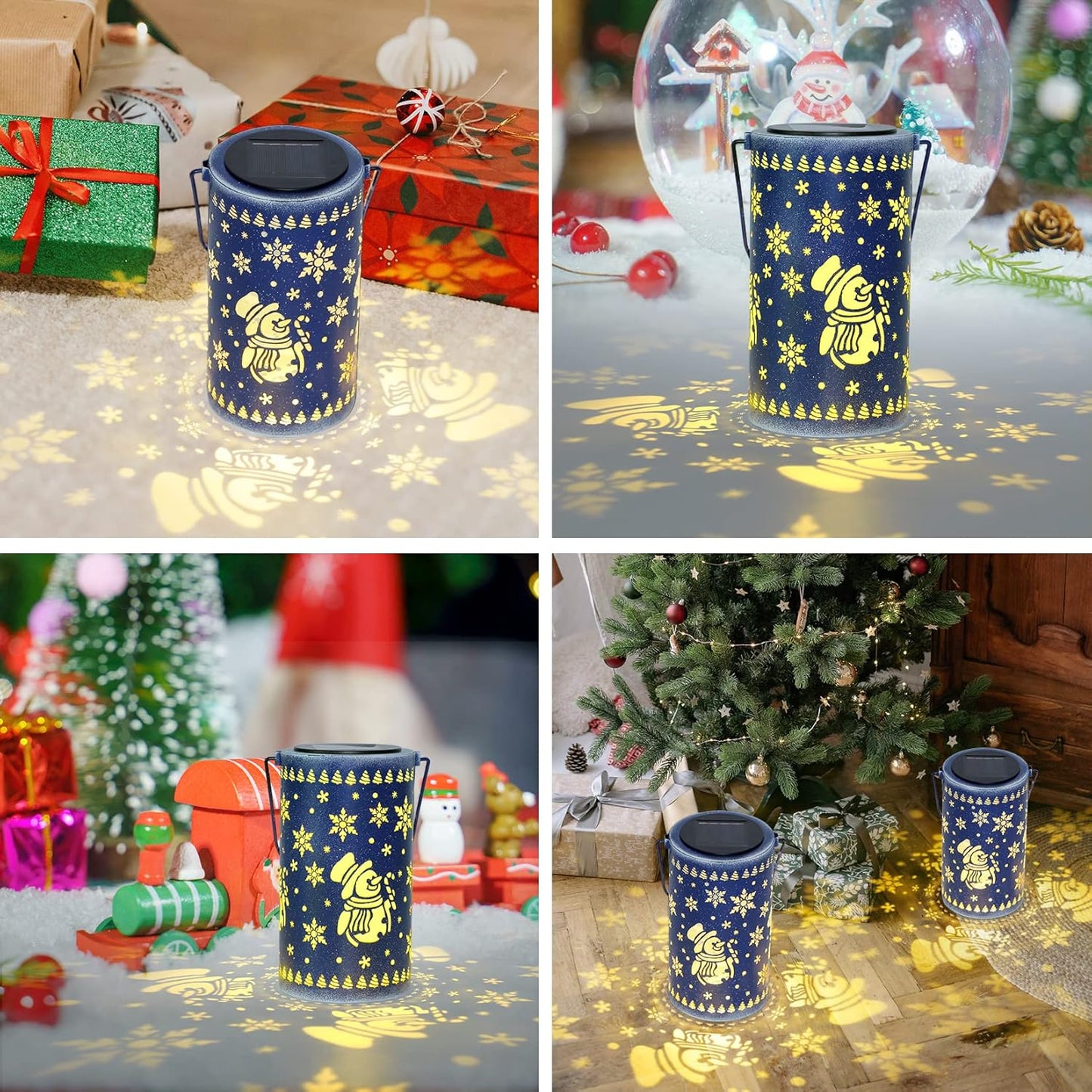 Outdoor Christmas Lantern Hanging, Christmas Snow Globe Christmas Solar Lantern Lights Christmas Decorations, Snowman Christmas Lantern Table Light Decor for Yard, Garden, Blue