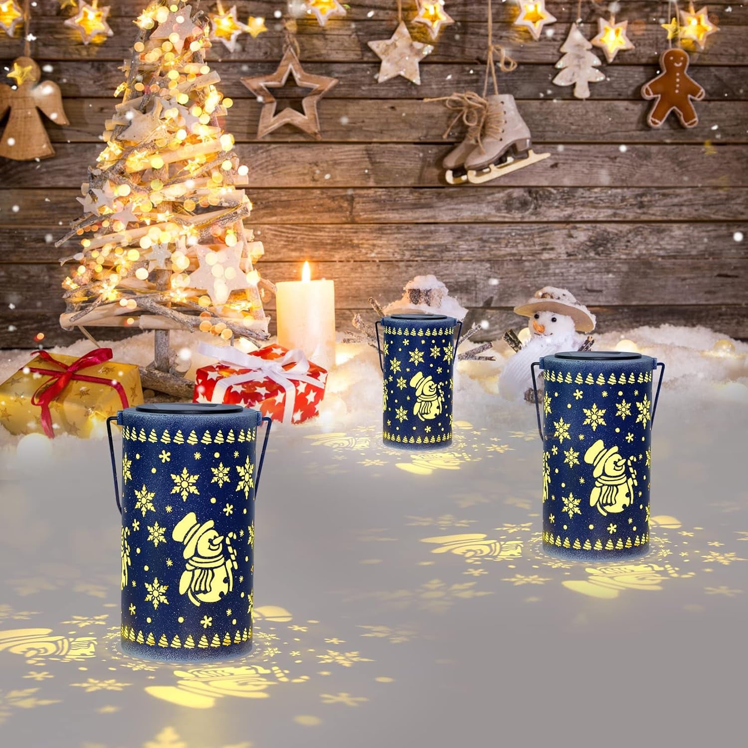 Outdoor Christmas Lantern Hanging, Christmas Snow Globe Christmas Solar Lantern Lights Christmas Decorations, Snowman Christmas Lantern Table Light Decor for Yard, Garden, Blue
