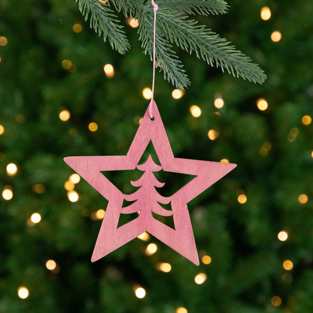 Cut Out Pine Tree in Wooden Star Christmas Ornament - 4" - Pink