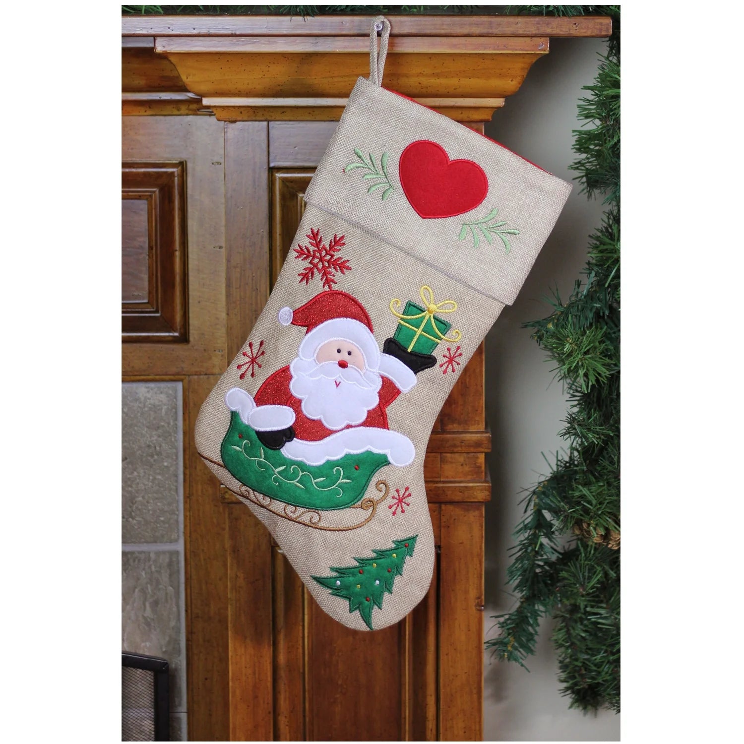 19" Red and Green Santa Claus in Sleigh Embroidered Christmas Stocking