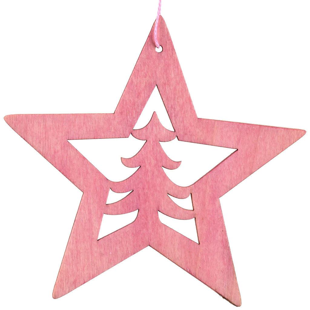 Cut Out Pine Tree in Wooden Star Christmas Ornament - 4" - Pink