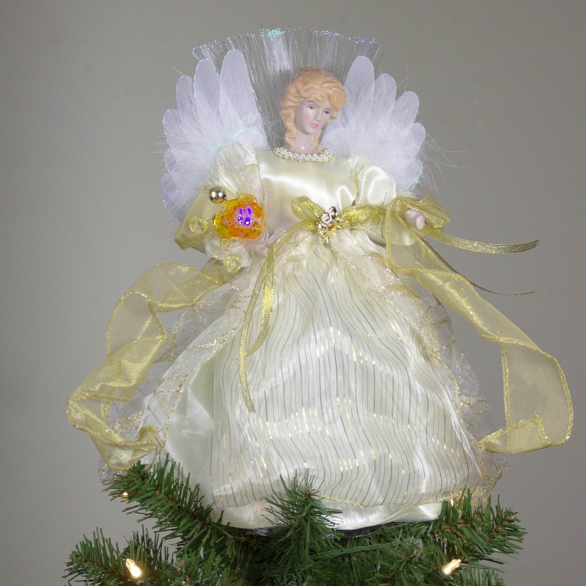 12" Ivory and Gold Lighted Angel Christmas Tree Topper - Clear Lights
