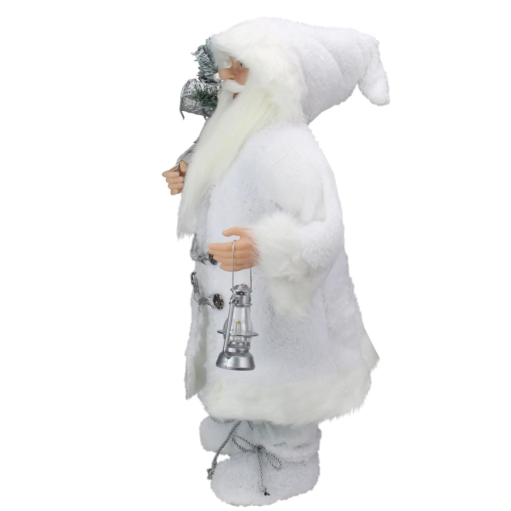 24" White Silver Santa Claus with Lantern Christmas Figure