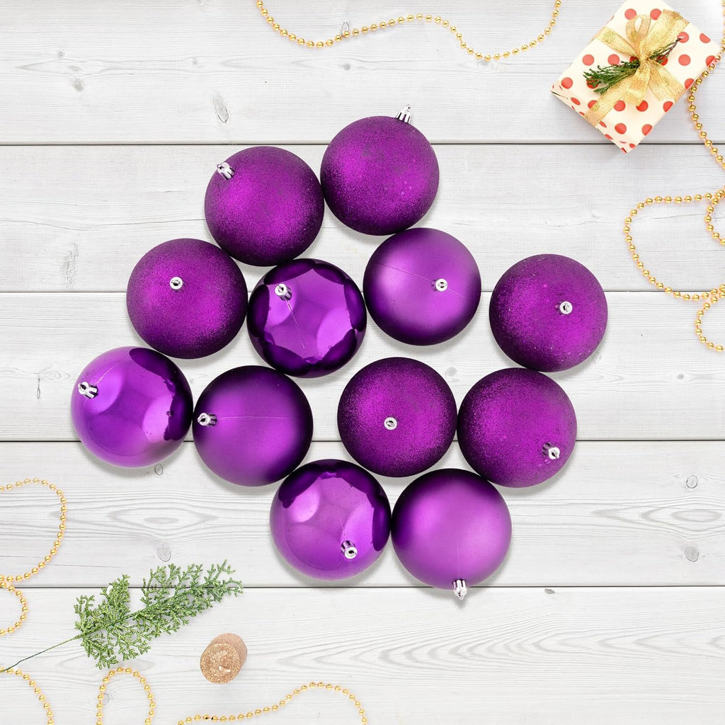 12Ct Purple Shatterproof 4-Finish Christmas Ball Ornaments 4" (100Mm)
