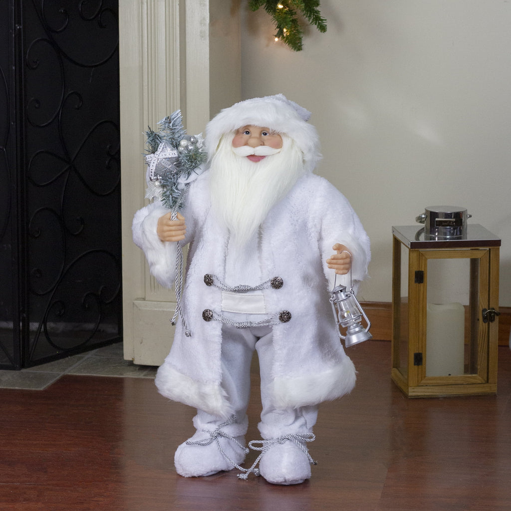 24" White Silver Santa Claus with Lantern Christmas Figure