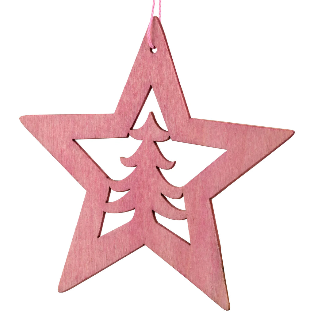 Cut Out Pine Tree in Wooden Star Christmas Ornament - 4" - Pink