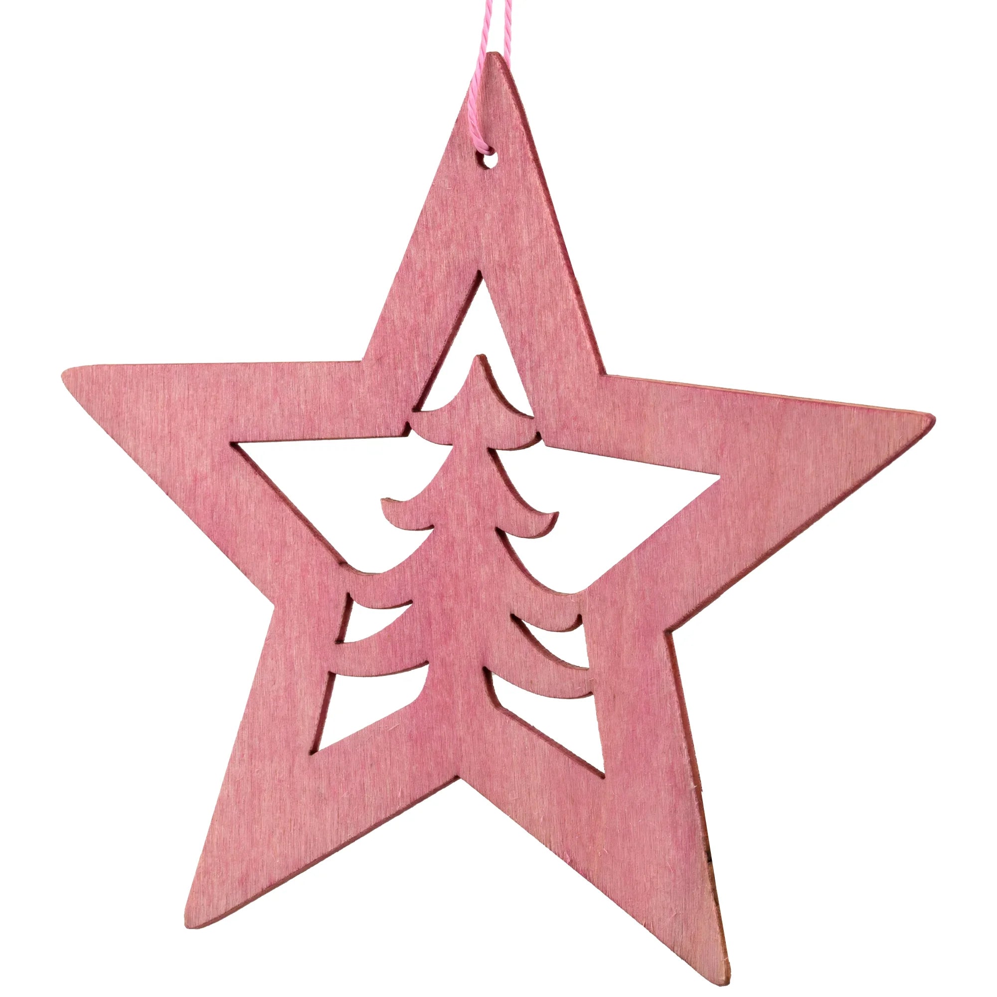 Cut Out Pine Tree in Wooden Star Christmas Ornament - 4" - Pink