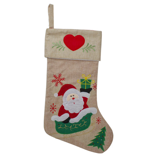 19" Red and Green Santa Claus in Sleigh Embroidered Christmas Stocking