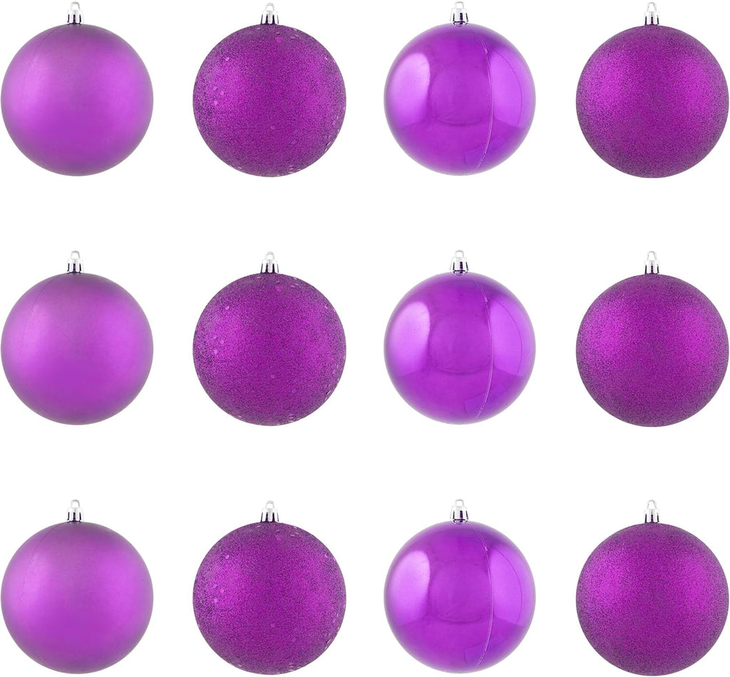 12Ct Purple Shatterproof 4-Finish Christmas Ball Ornaments 4" (100Mm)