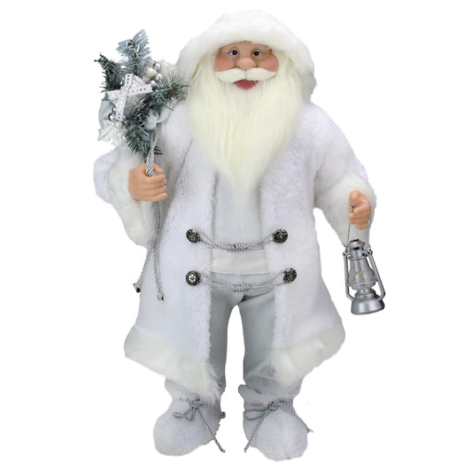 24" White Silver Santa Claus with Lantern Christmas Figure