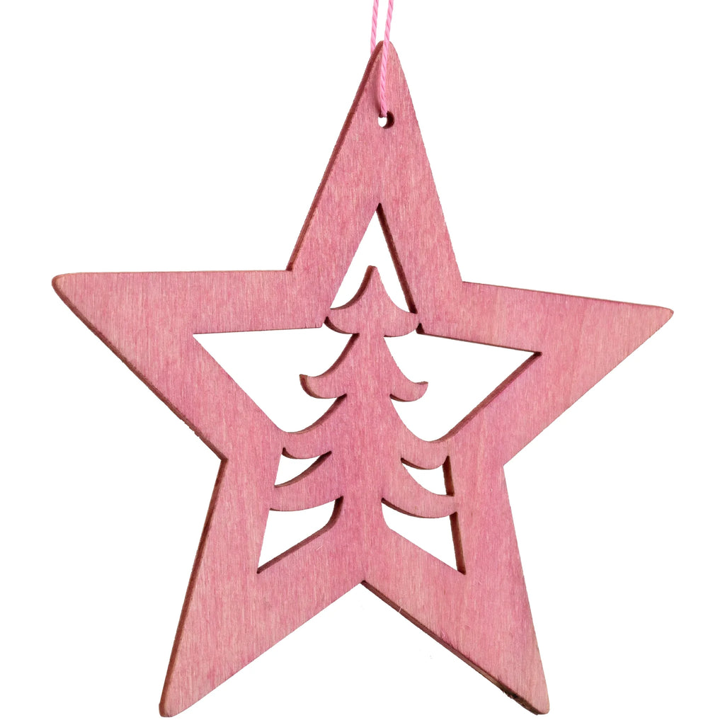 Cut Out Pine Tree in Wooden Star Christmas Ornament - 4" - Pink