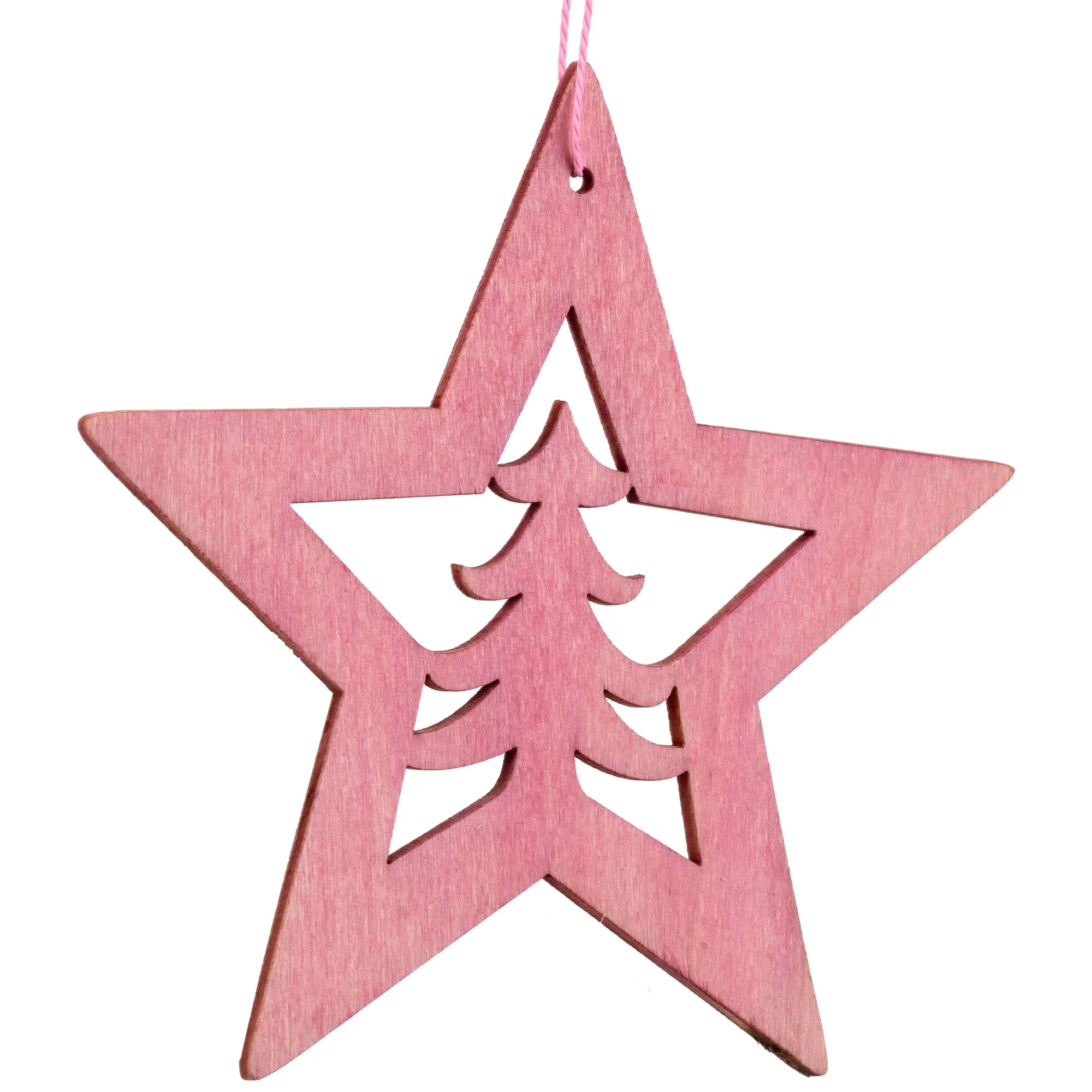 Cut Out Pine Tree in Wooden Star Christmas Ornament - 4" - Pink