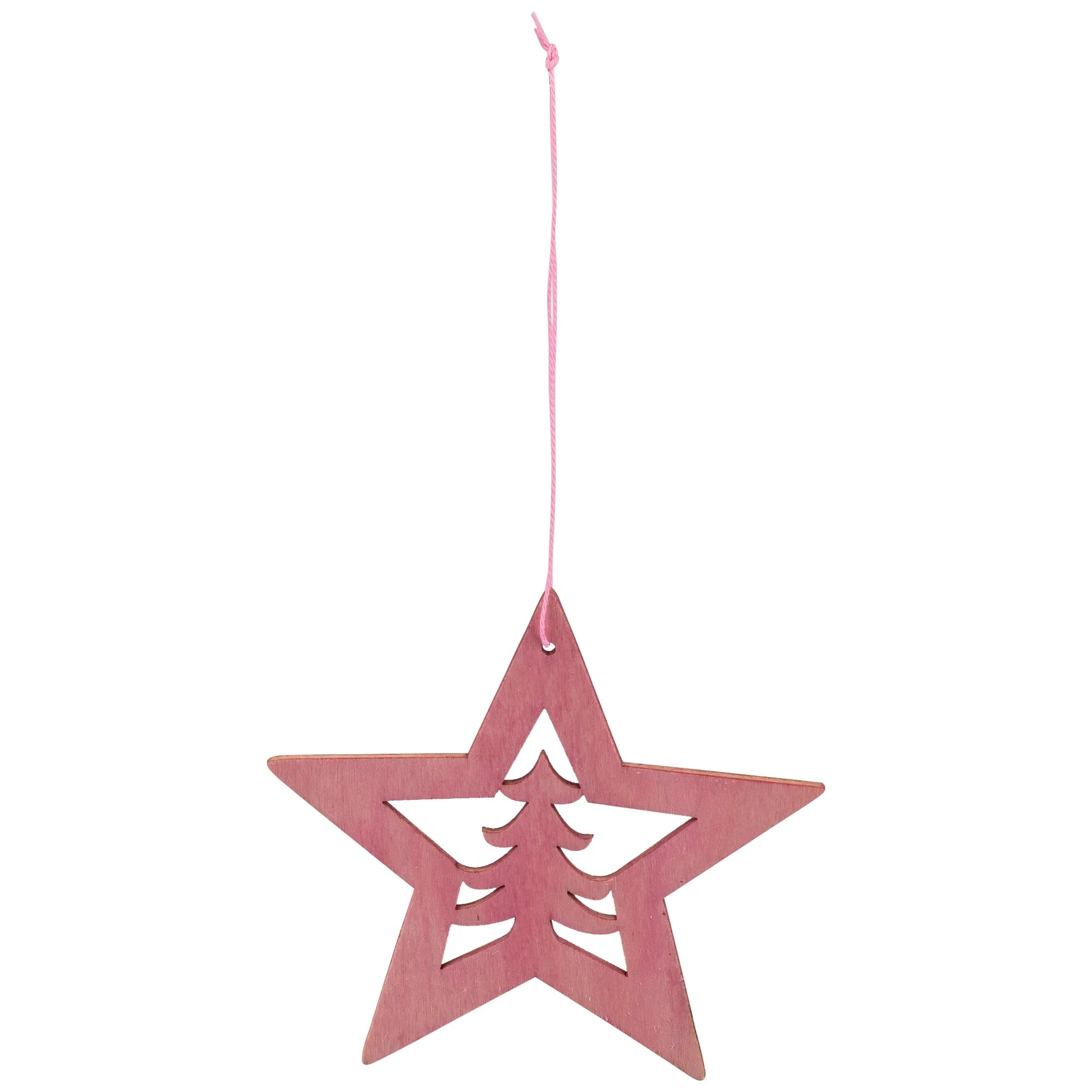 Cut Out Pine Tree in Wooden Star Christmas Ornament - 4" - Pink