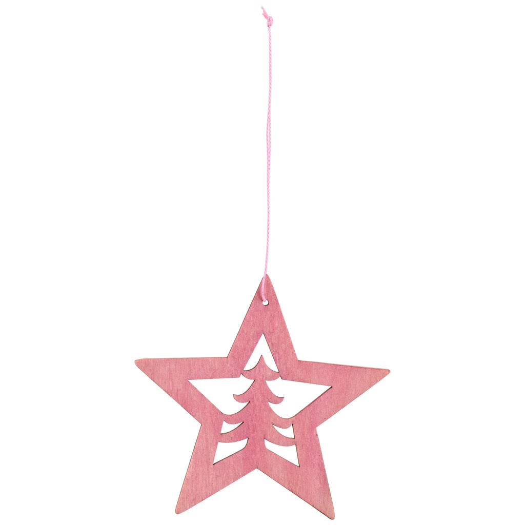 Cut Out Pine Tree in Wooden Star Christmas Ornament - 4" - Pink