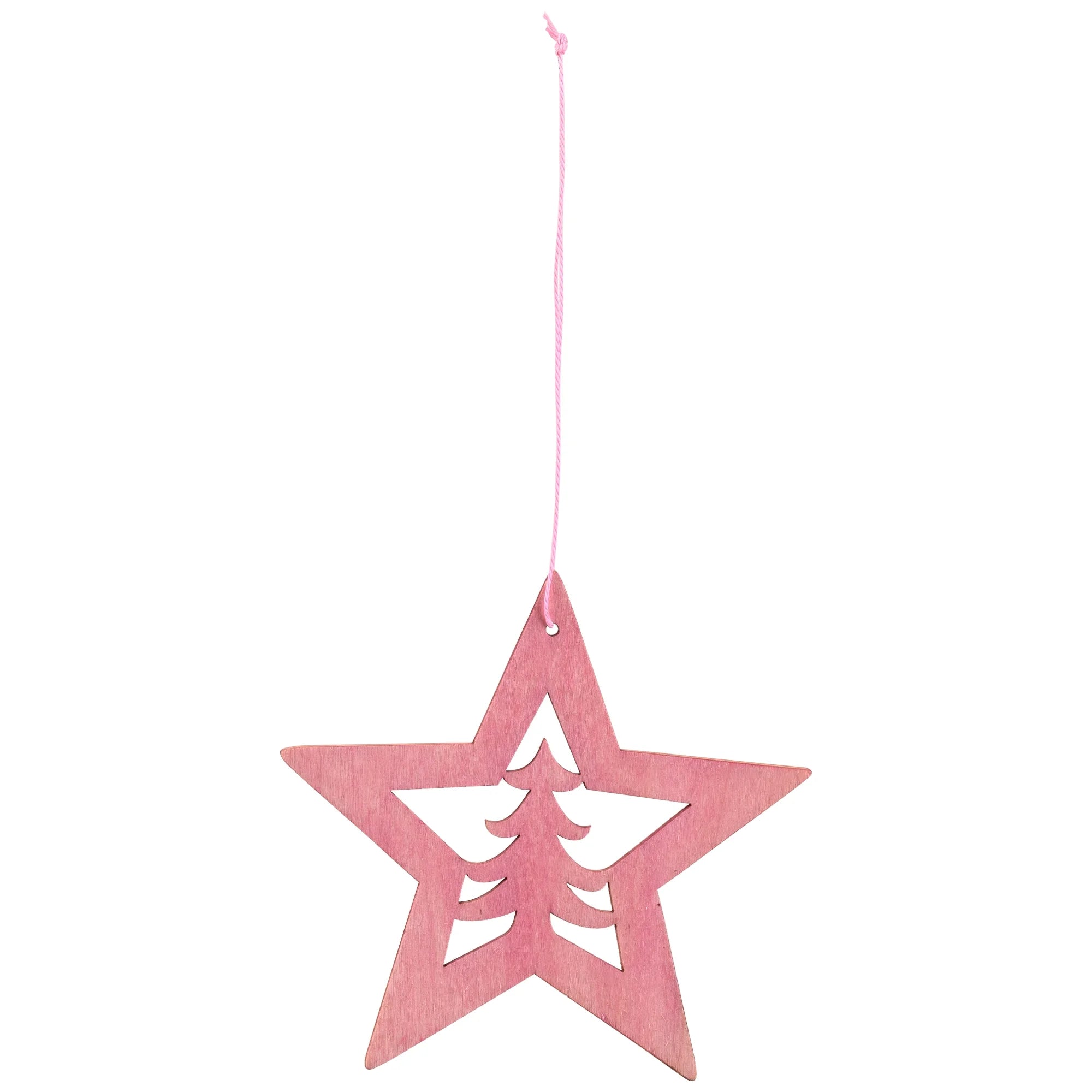 Cut Out Pine Tree in Wooden Star Christmas Ornament - 4" - Pink