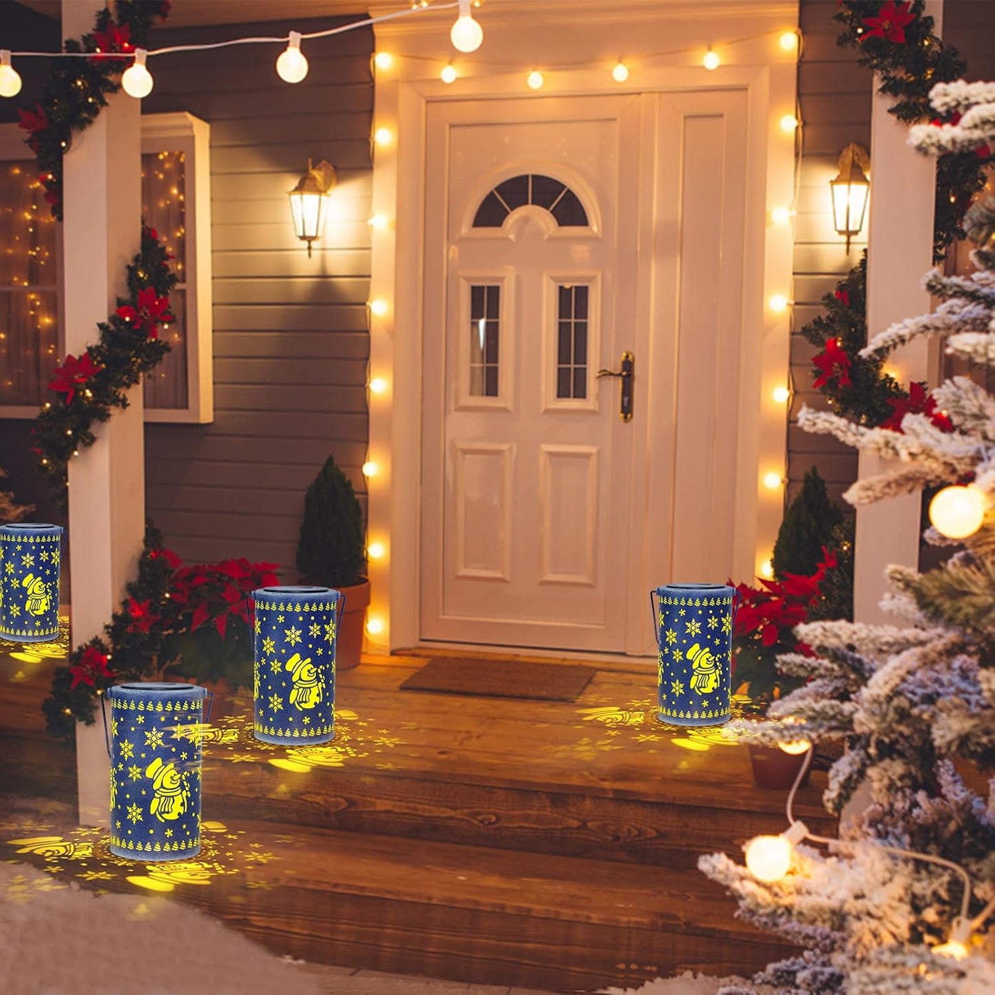 Outdoor Christmas Lantern Hanging, Christmas Snow Globe Christmas Solar Lantern Lights Christmas Decorations, Snowman Christmas Lantern Table Light Decor for Yard, Garden, Blue
